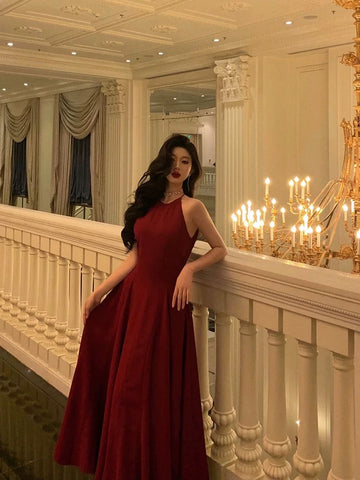 A Line Boat Neckline Sleeveless Burgundy Ankle Length Prom Dresses Birthday Outfits SD632